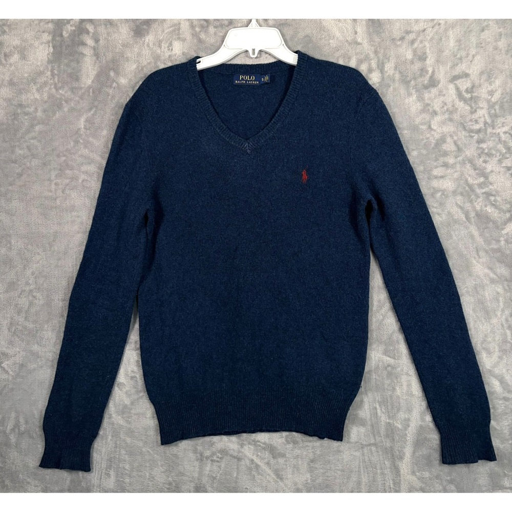 Polo Ralph Lauren Lambswool Sweater Mens Small Blue V Neck Knit Red Pony